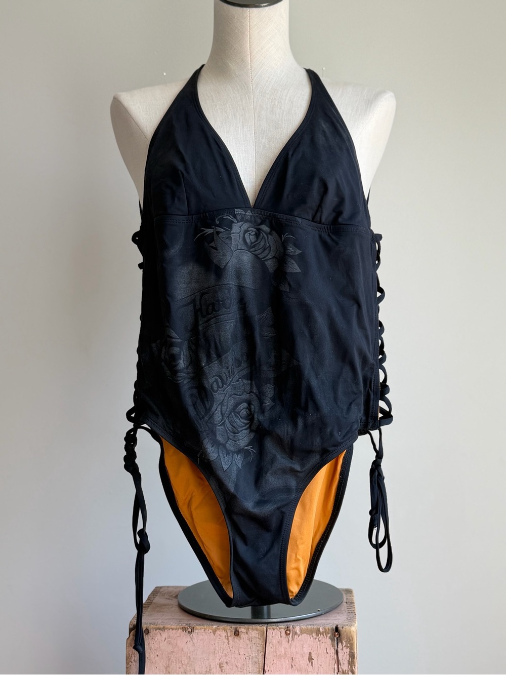 Harley-Davidson Black Halter One-Piece Swimsuit with Orange Lining